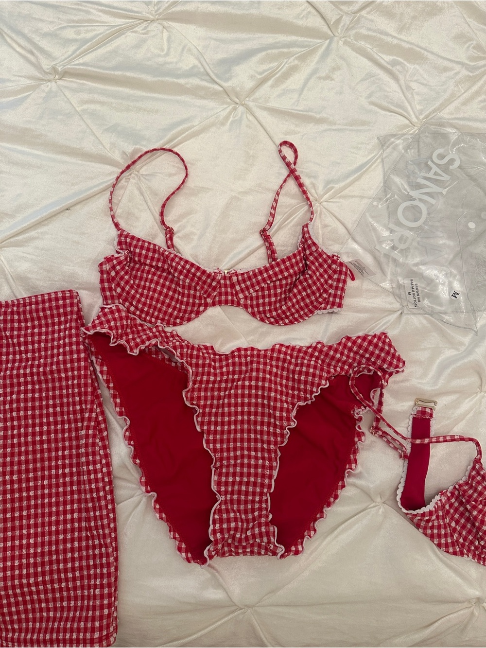 Red Gingham Ruffle Bikini Set with matching skirt Women Swim Bikinis never worn